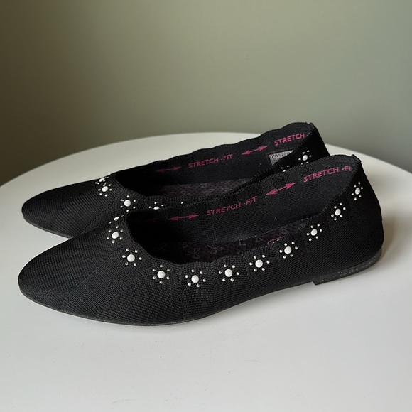 Skechers Stretch Fit Air Cooled Memory Foam Cleo Flat Black Dressy Floral Beaded - Picture 3 of 13